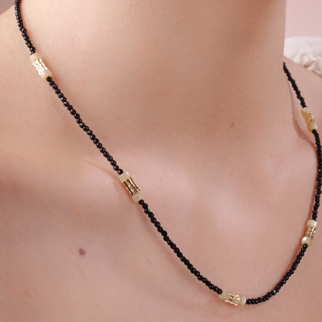 Gold black small stone cats eye handmade chain necklace 40 to 45.5 cm