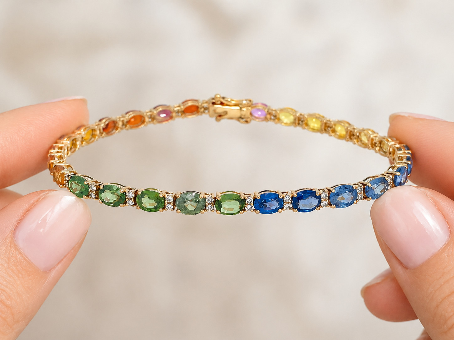 12.05 cttw Multicolor Natural Rainbow Sapphire Oval Cut Diamond Bracelet 18KY