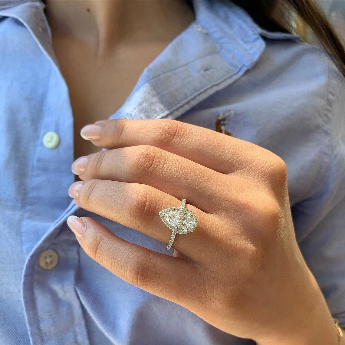 Moissanite Halo Engagement Ring Solid 14K White Gold 2.50 CT Pear Cut F/VVS1