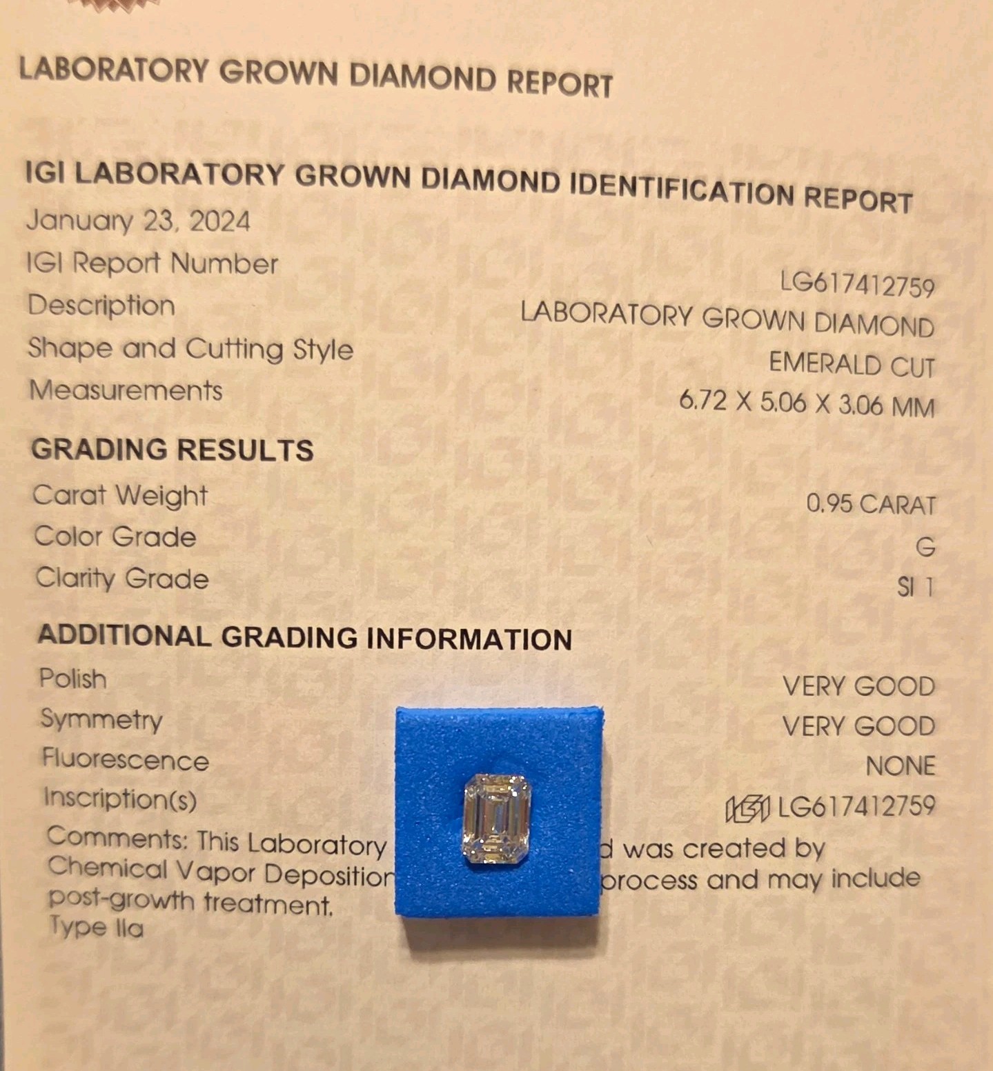 0.95ct Lab-Created Emerald Cut Diamond G SI1 IGI Certified (MSRP $780)