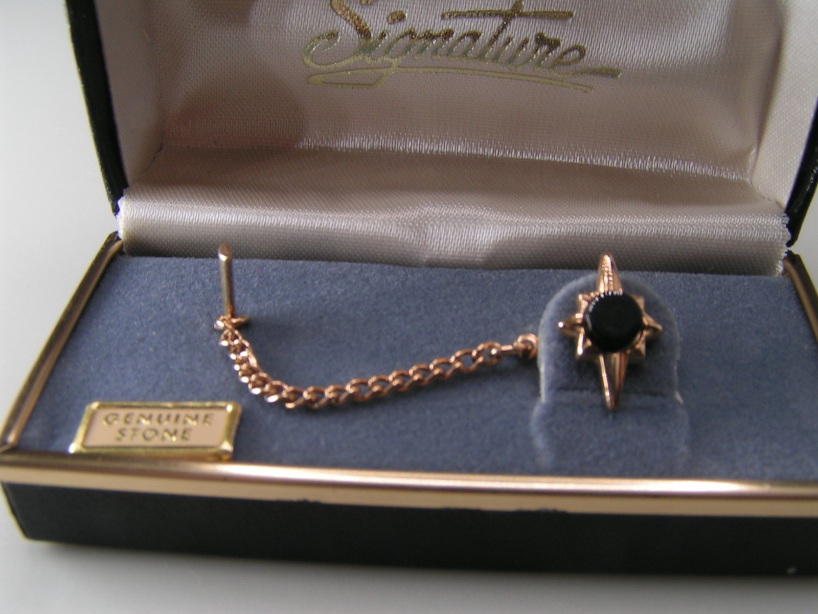 Vintage Signature Brand Gold-Tone Starburst Tie Tack with Black Onyx Stone-Chain