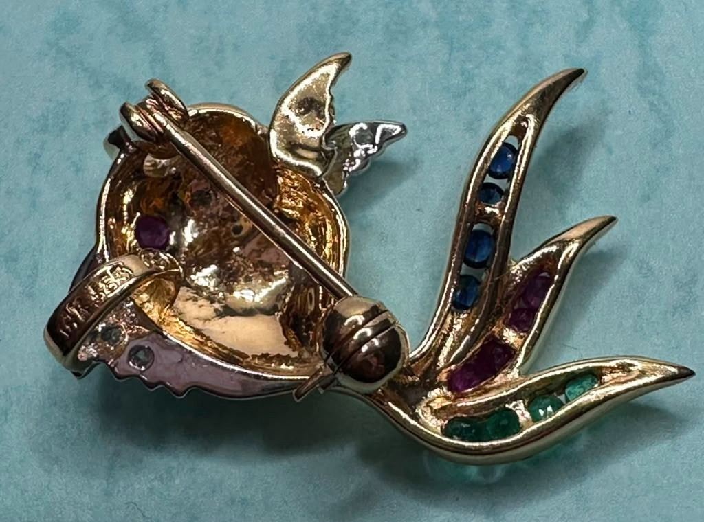 14Kt Yellow Gold Koi Fish Broch/Pendant with Diamonds/Sapphire/Ruby