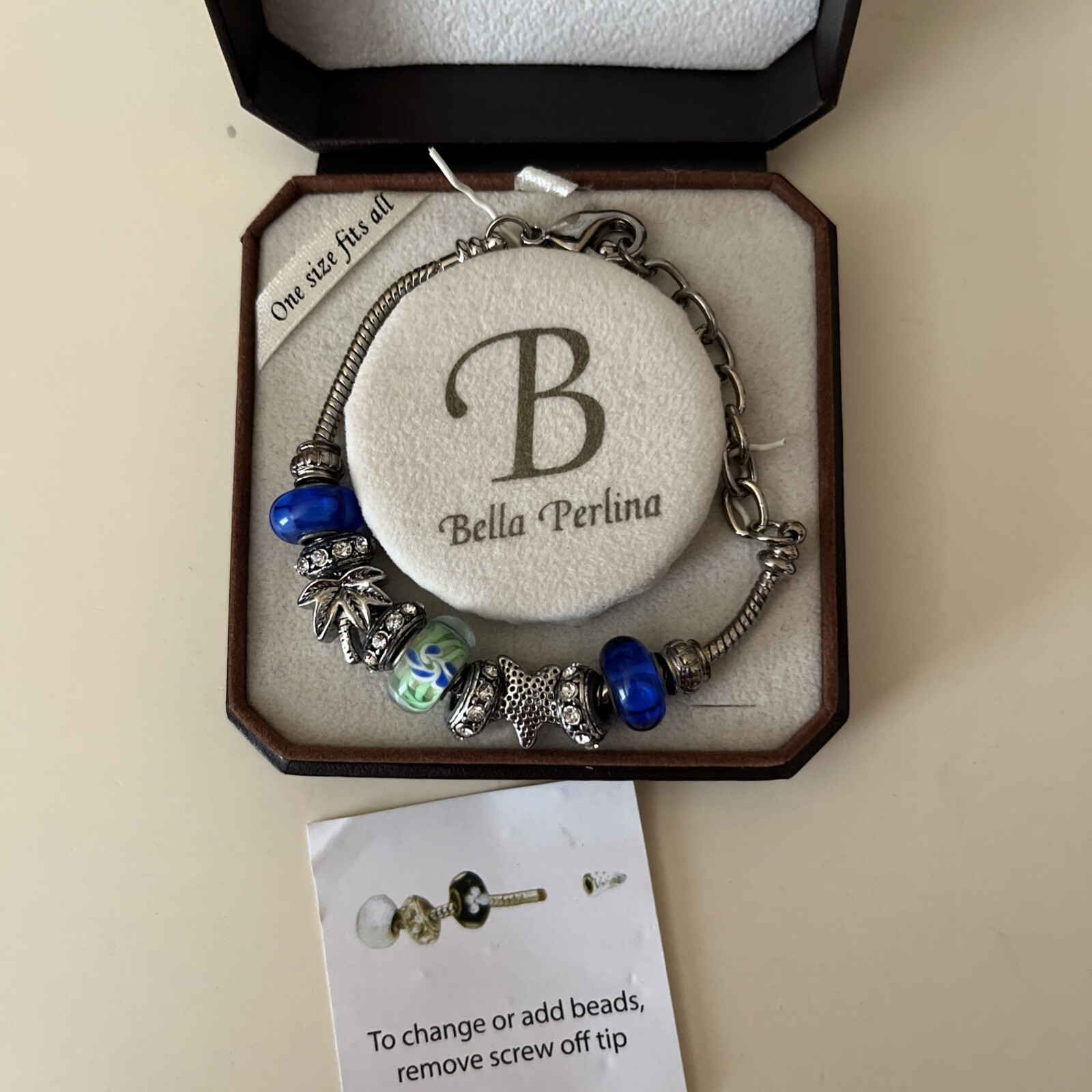 NIB~Bella Perlina European Charm Bracelet – Themed Tropical, Blue, Silver