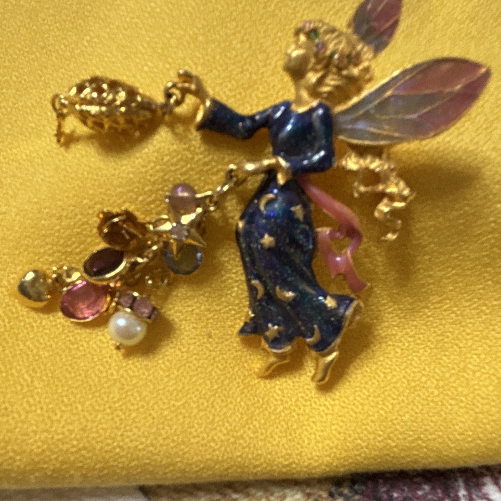 Gold Tone Enamel Fairy Brooch Pin w/ Pink Crystal Dangles, Blue & Pink