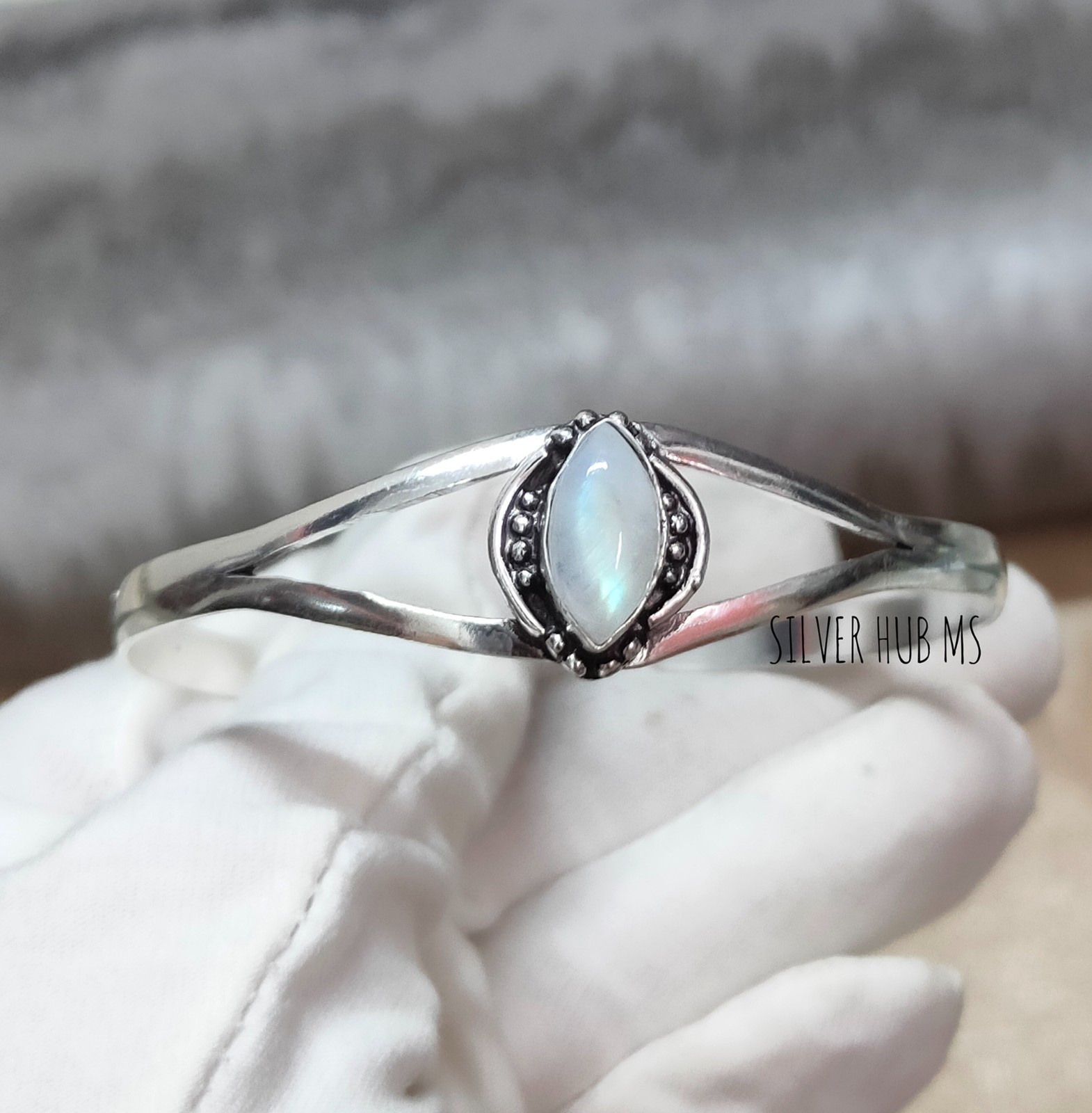 Natural Rainbow Moonstone marquise Handmade 925 Sterling Silver Bangle Cuff