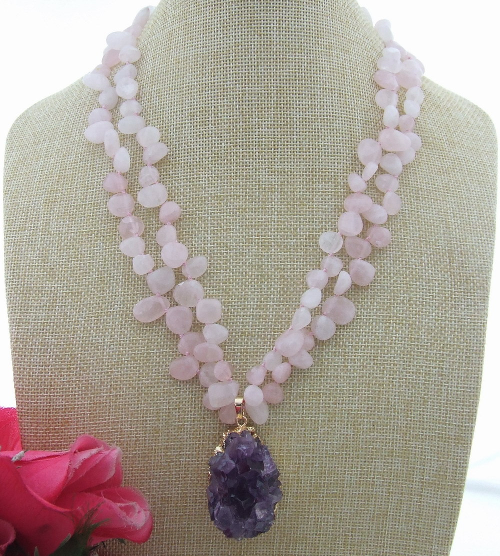 30x44MM Rose Quartz Amethyst Agate Geode Pendant Necklace 21″