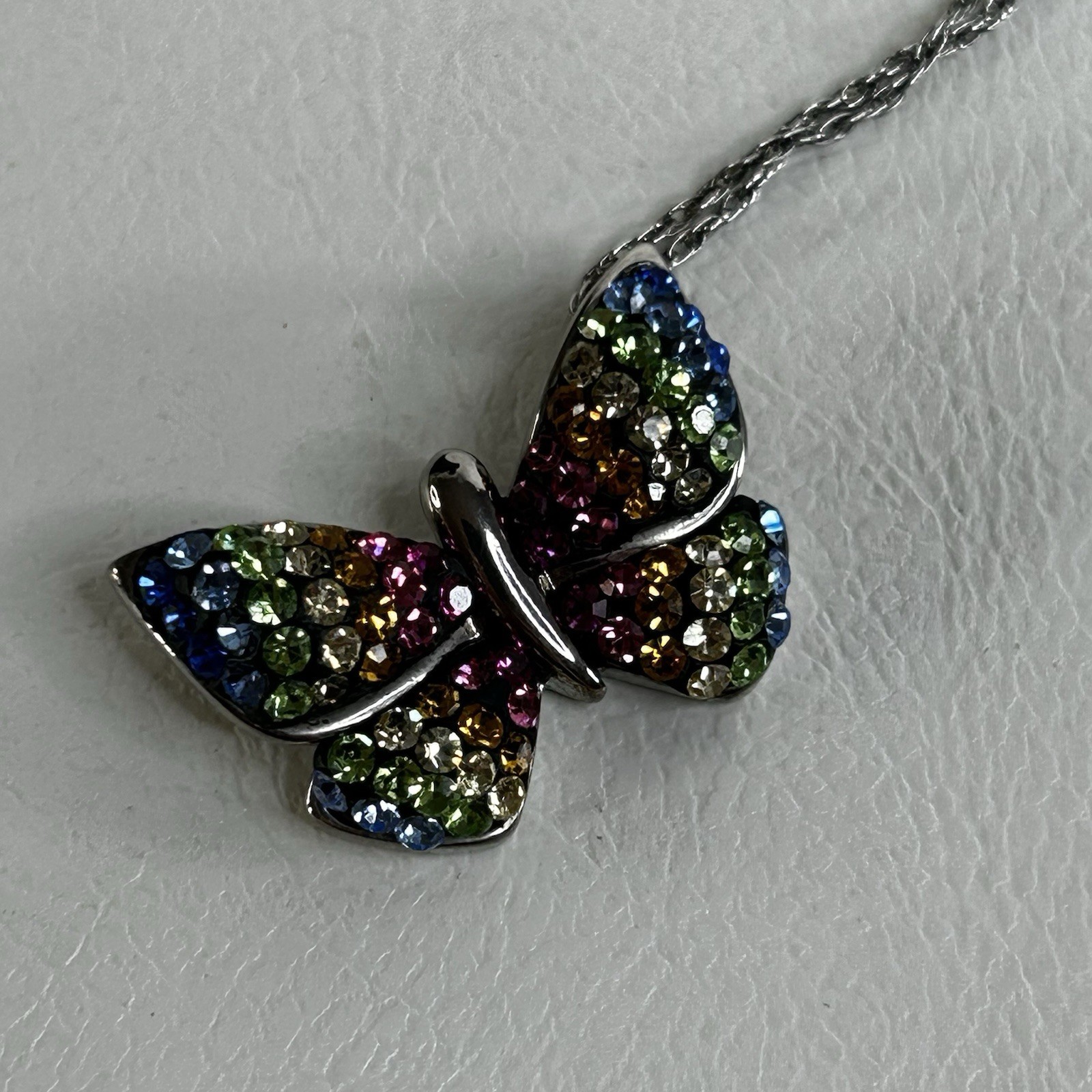 Sterling Silver & Rainbow Crystal Butterfly 18” Necklace Signed 925 JCM Thailand
