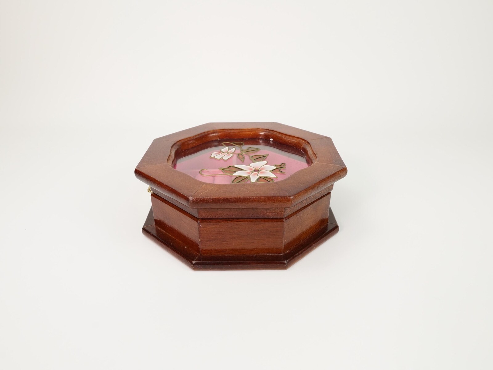 Vintage Octagonal Wood Jewelry Box with Floral Glass Top and Pink Velvet Lining