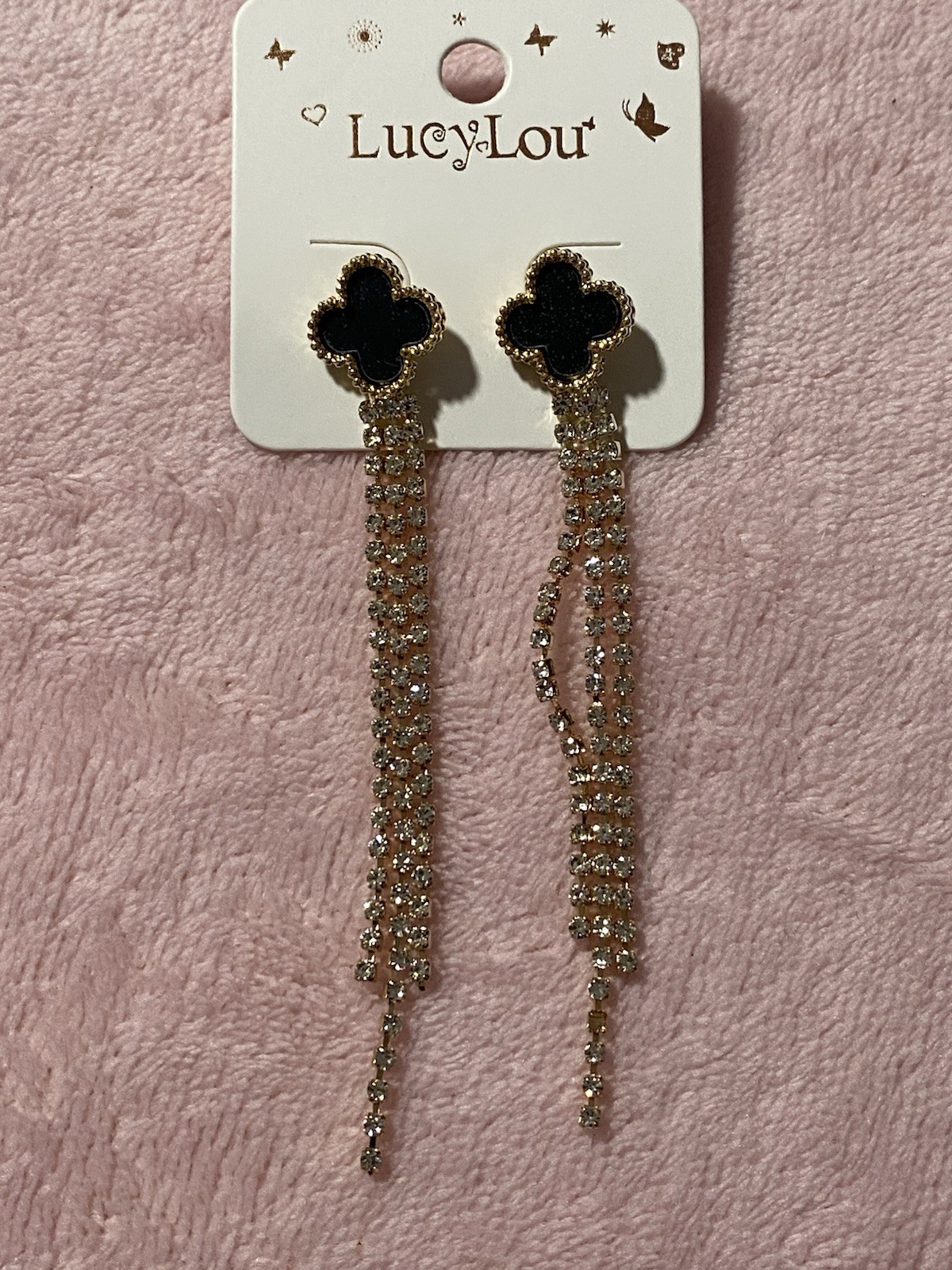 Gold /Black Clover Tone Drop/Dangling Tassel Clear Rhinestones Earrings NWT