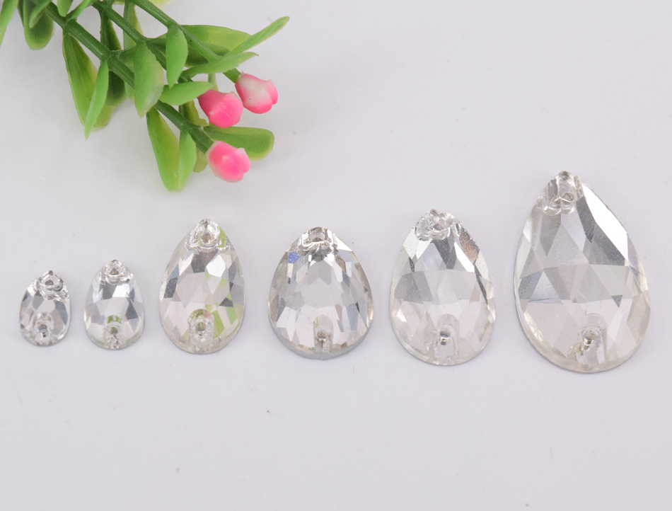 100 pcs Glass Crystal Clear Sew On Rhinestones Tear Drop Flatback Size Selection