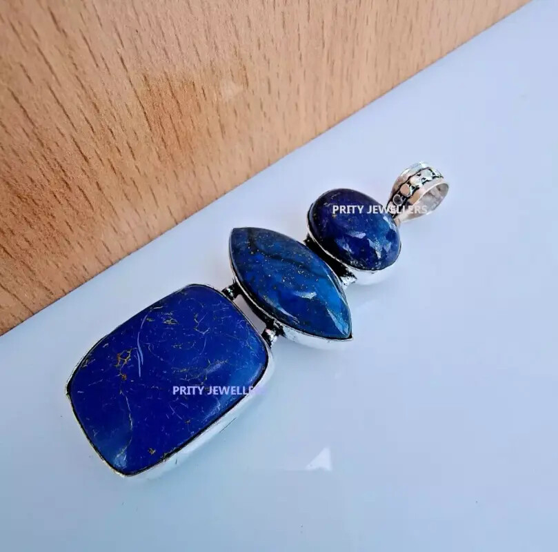 Natural Lapis Lazuli Pendant 925 Sterling Silver Large Antique Handmade Necklace