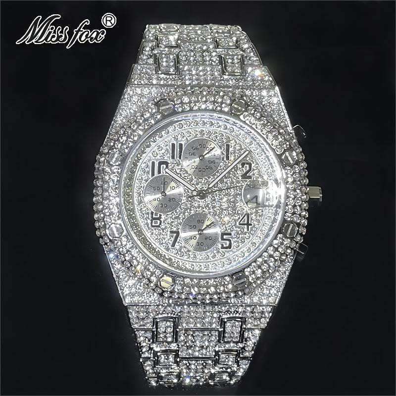 Luxury Chronograph Hip Hop King Bling Ice out Men’s Watch Iced Silver Cz Diamond