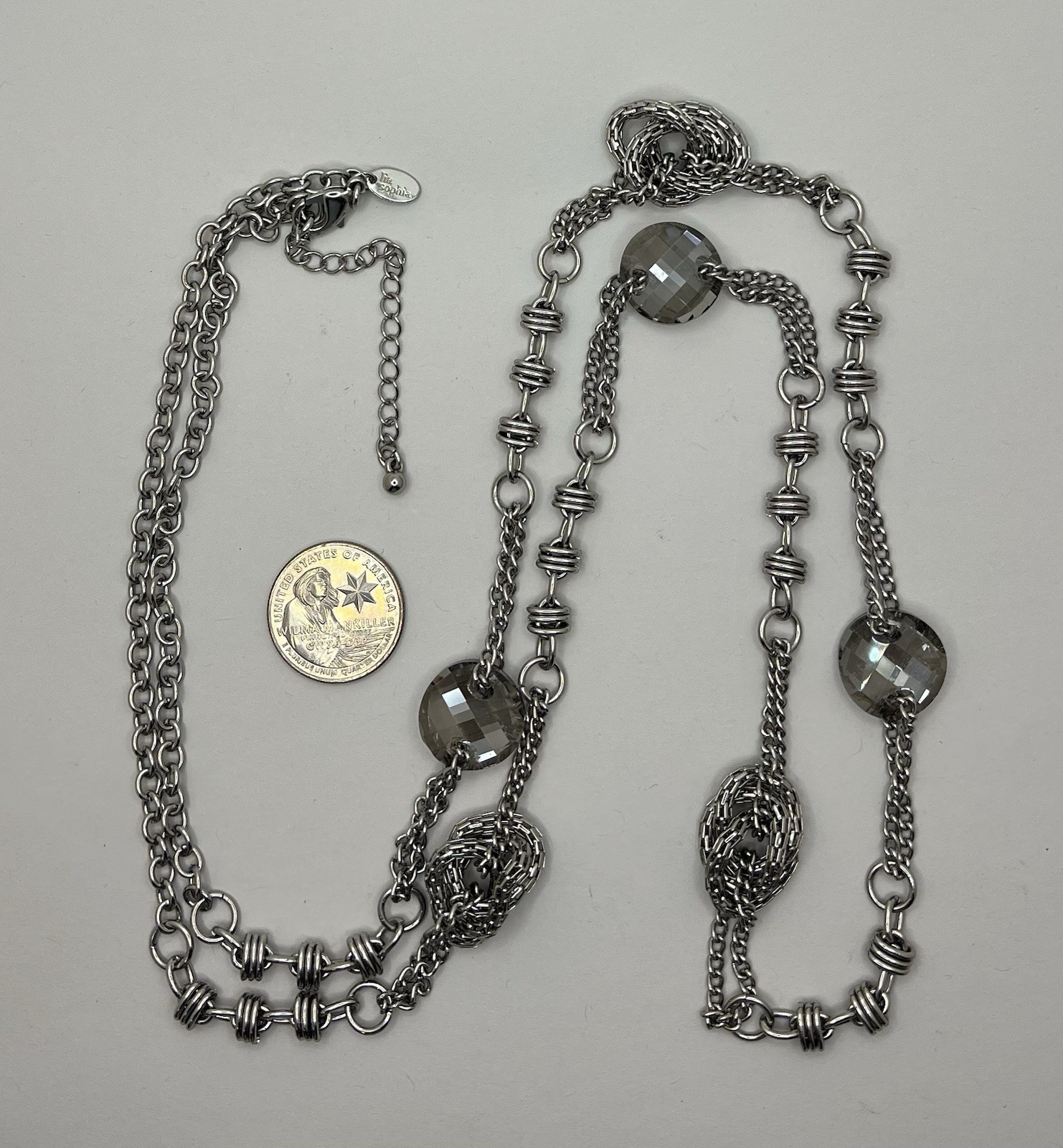 Lia Sophia “CHRISTINA” Silver Tone Necklace Smoky Silver Crystals 43.5-46.5”