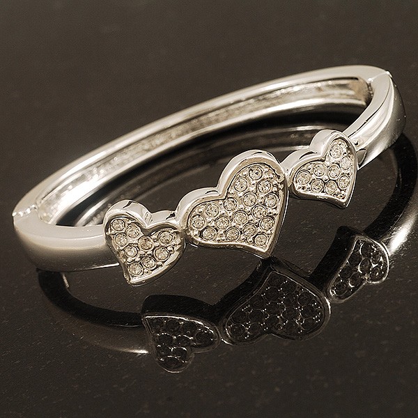 Rhodium Plated Diamante Heart Hinged Bangle Bracelet