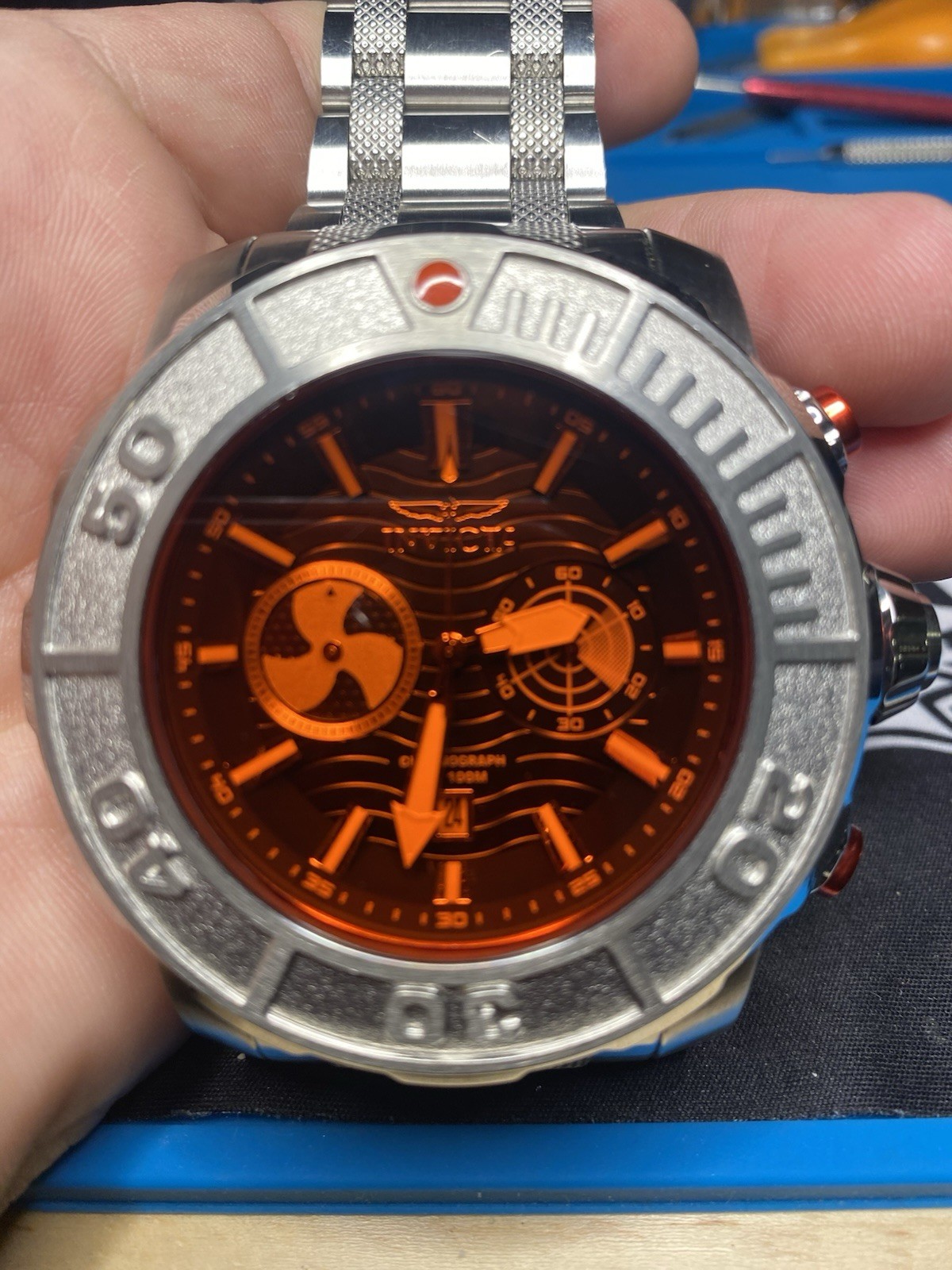 Invicta Coalition Forces Chronograph Quartz Date 100m SS Orange Dial 58.6mm