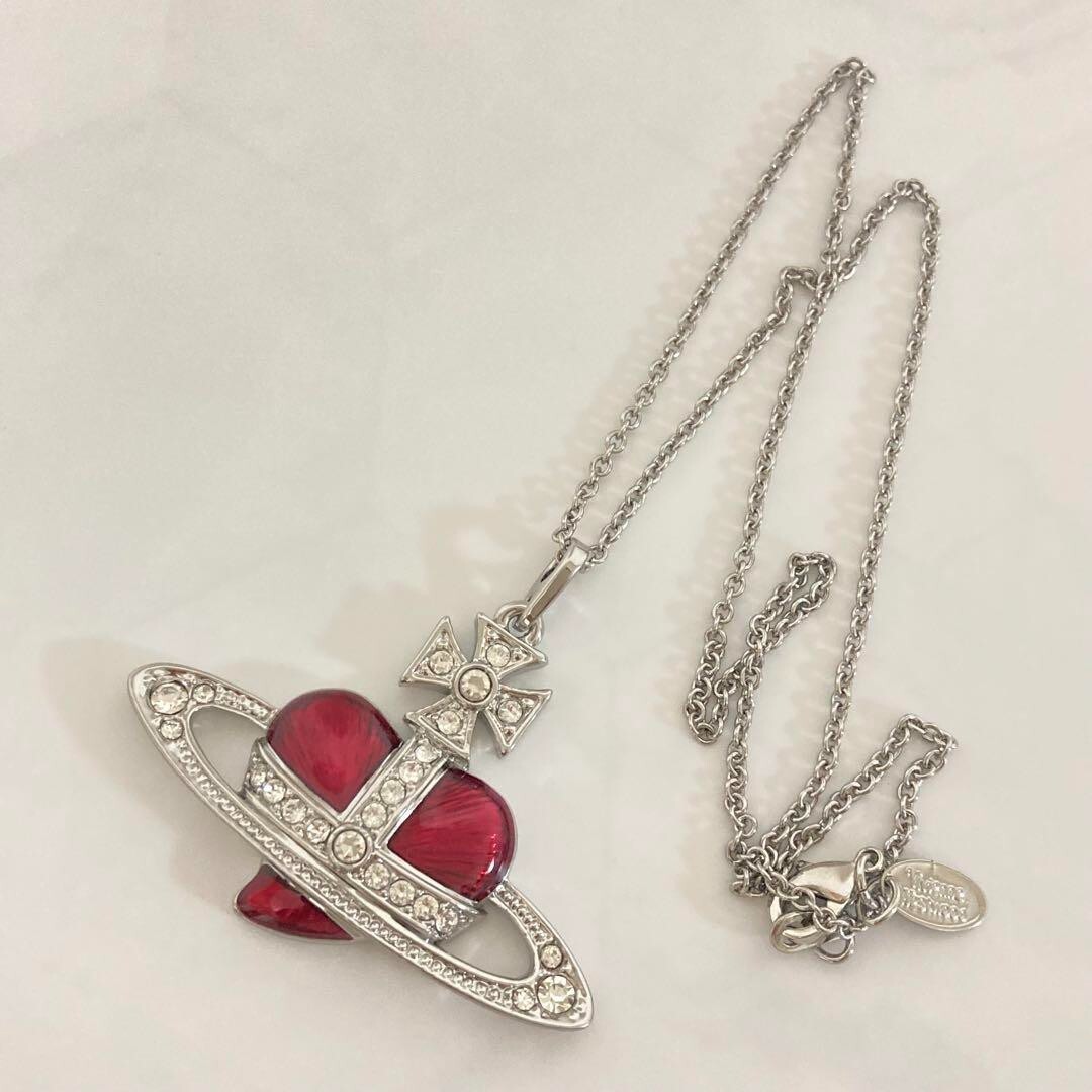 Diamante Heart Orb Large Necklace Silver Red with drawstring