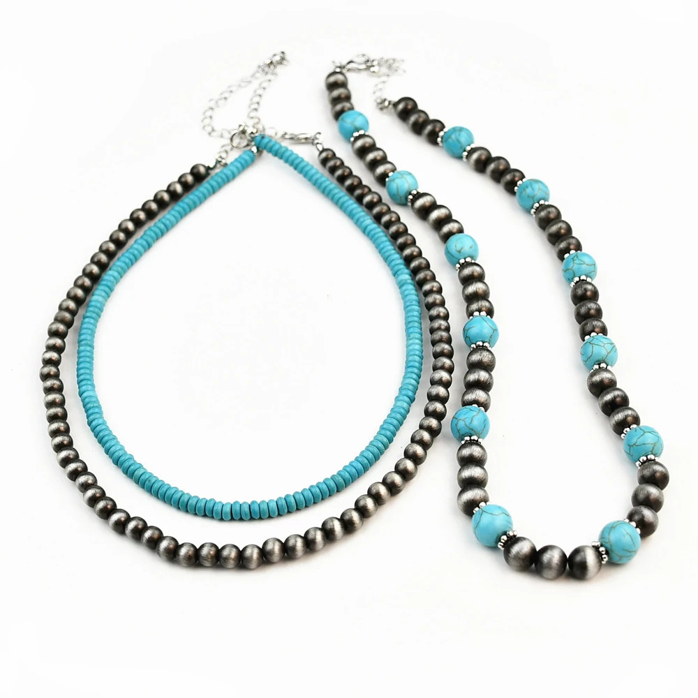 3Pcs Pearl Turquoise Beaded Necklace Set Boho Vintage Choker Women Jewelry