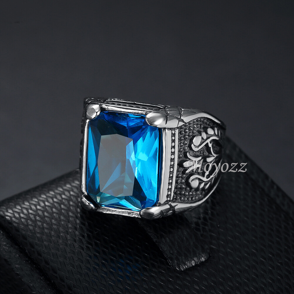 Mens Blue Red CZ Aquamarine Square Stone Ring Stainless Steel Size 7 8 9-15 Gift