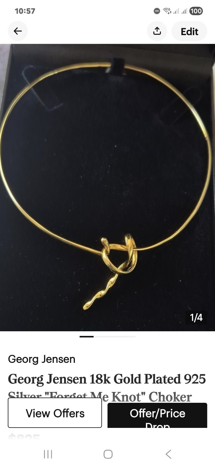 Georg Jensen Forget Me Knot Choker Hallmarked 925 Sterling, 18K Gold Plated.
