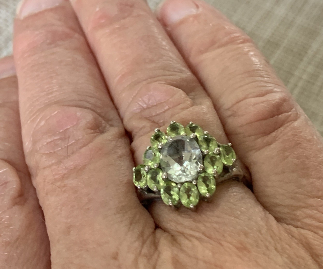 Karis STS Clear Amethyst Green Peridot Cocktail Ring Size 7.75