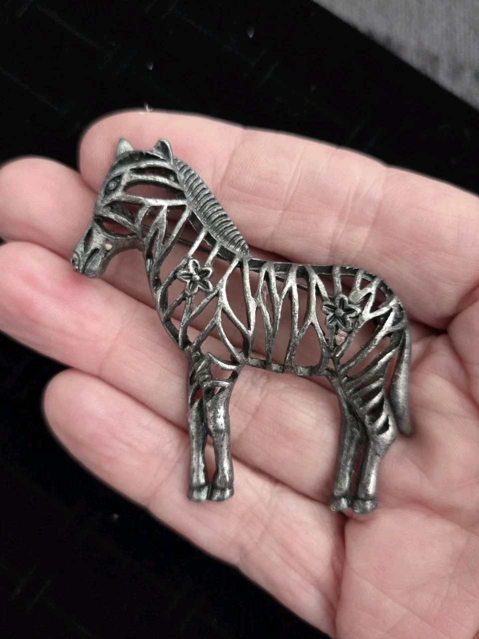 Vintage ZEBRA Brooch Pin Filigree Open Work Pewter Tone Finish Collectible