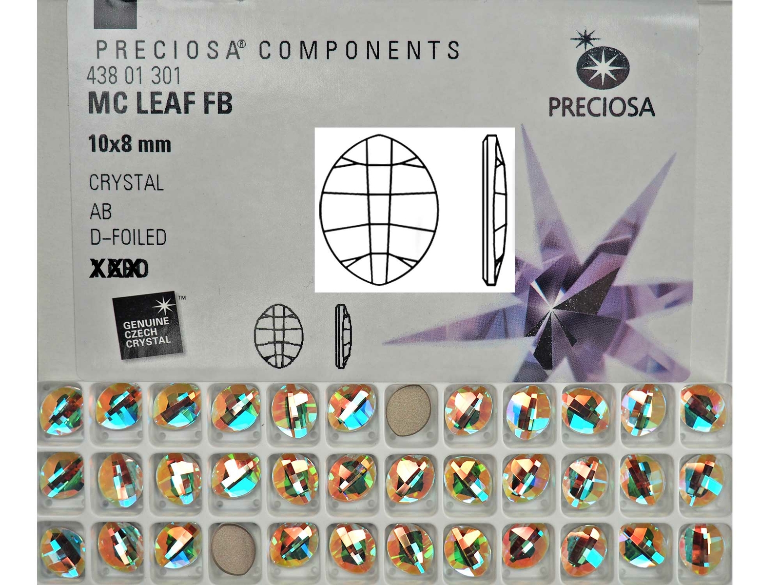 Crystal AB, Genuine Czech Preciosa LEAF Maxima Flatbacks, 10x8mm, 14x11mm