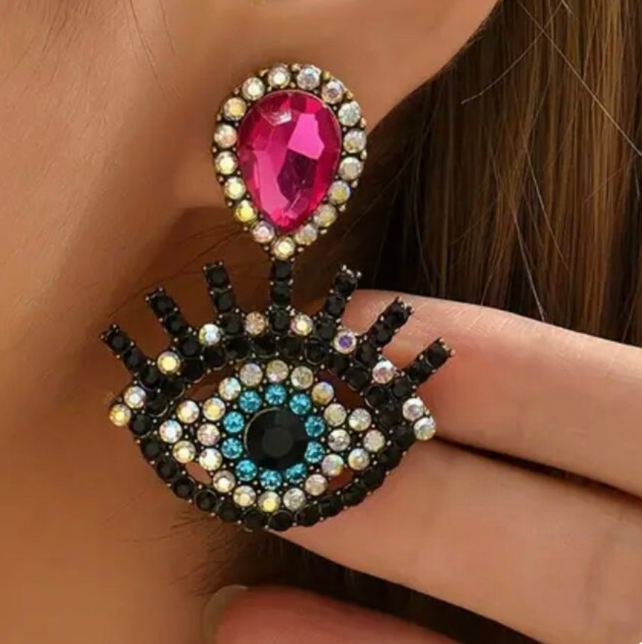 Evil Eye Drop Earrings with Hot pink black blue beautiful color rhinestones