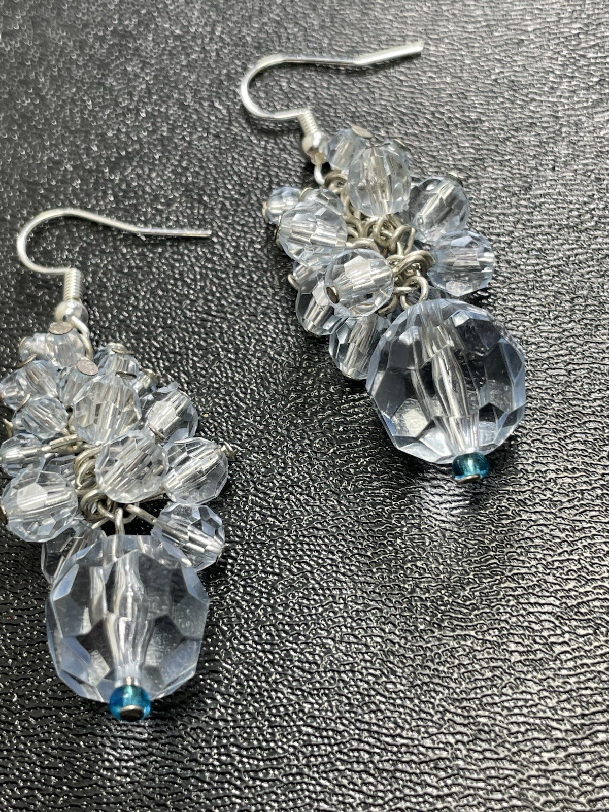 Vintage 2” Blue Faceted Charm Cluster Dangle Earrings