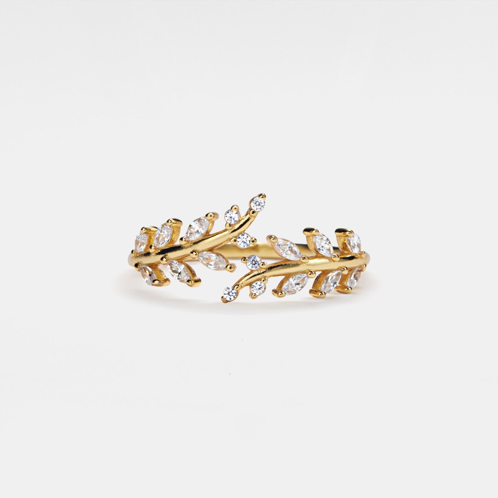 Dainty Gold Olive Branch Bypass Ring in 925 Sterling Silver