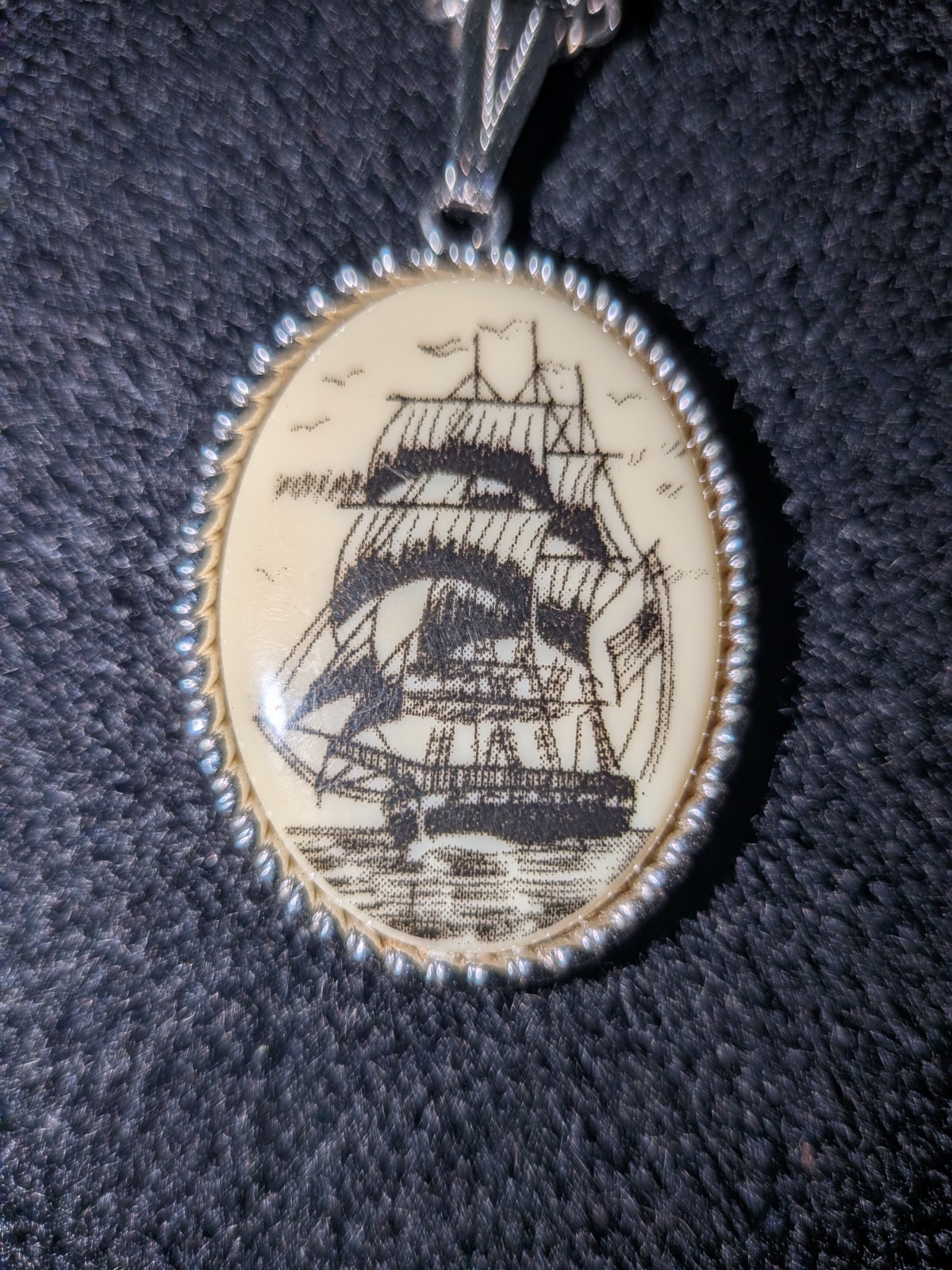 Silver Tone Nautical Ship Oval Bezel Pendant Necklace Box Chain Beige Accent