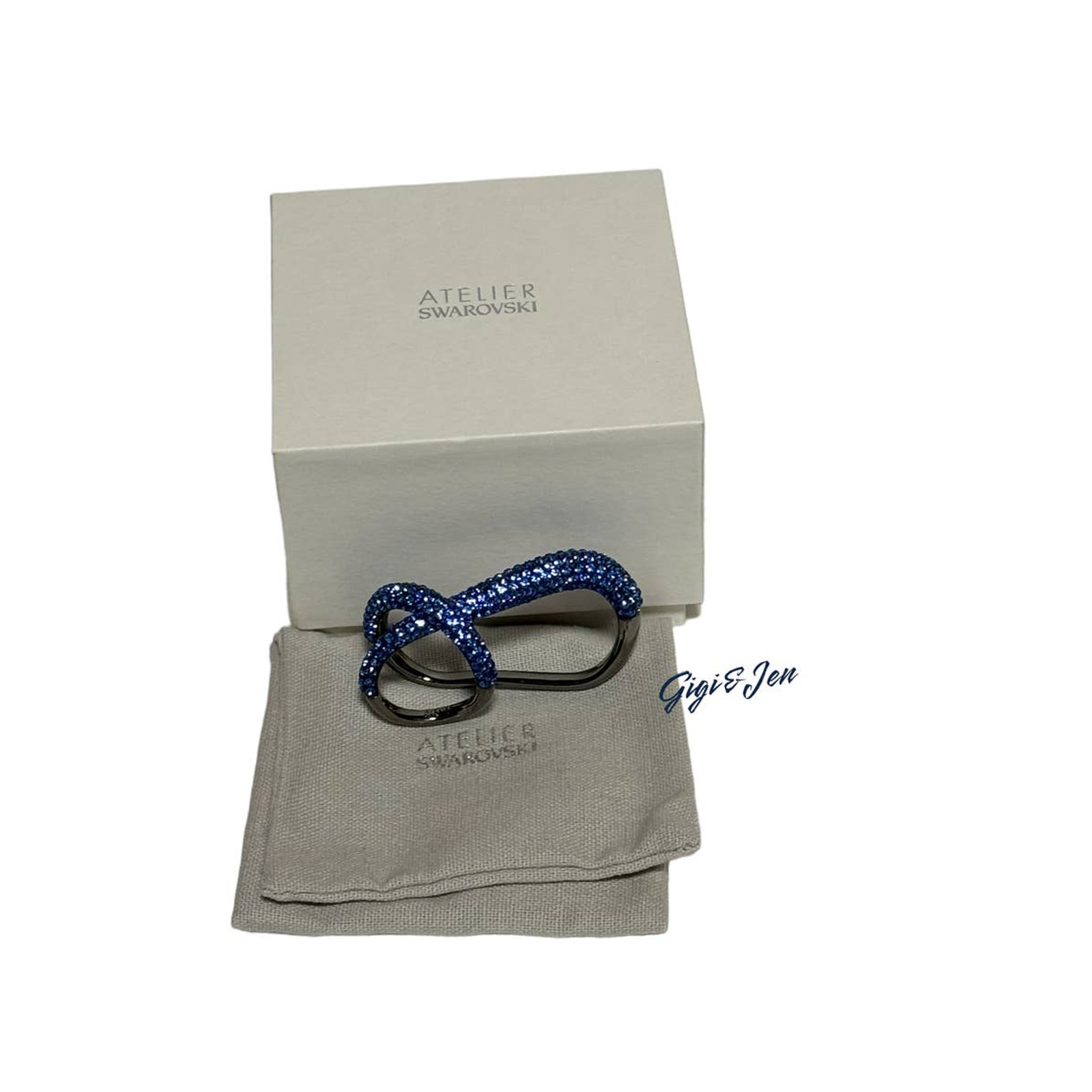 Swarovski Tigris double ring Blue, Ruthenium plated Size 52/6 USA