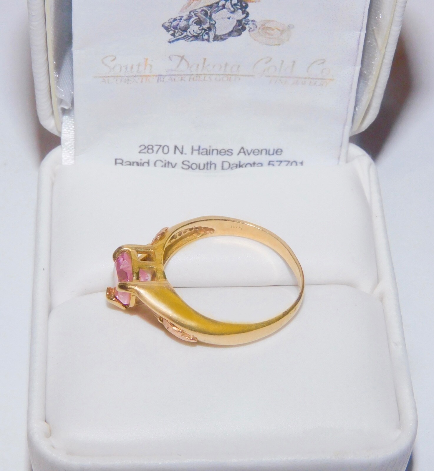 Black Hills Gold 10k Pink Tourmaline Heart Leaves Ring Size 7