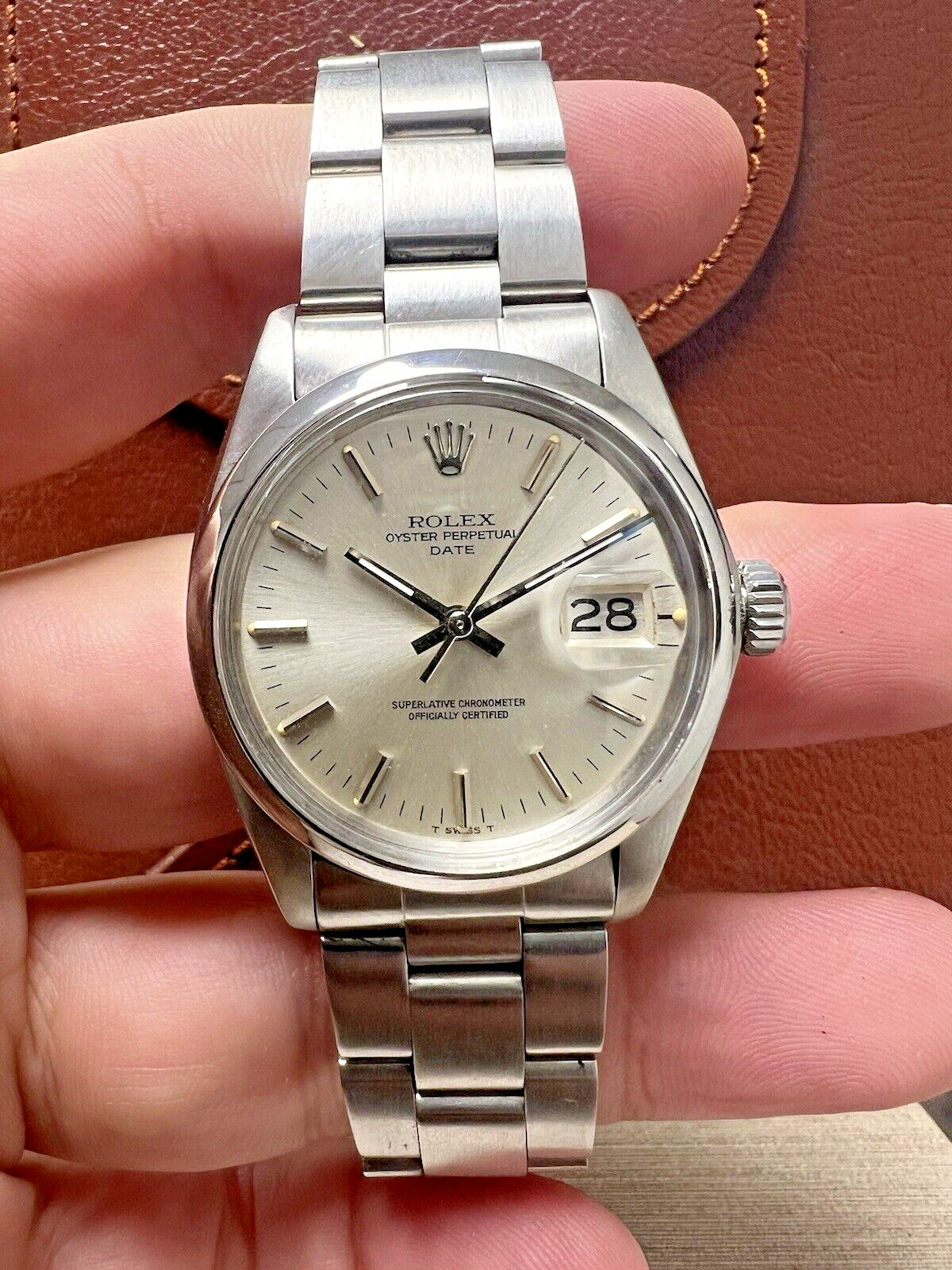 Mens Rolex Oyster Perpetual Date Stainless Steel Silver Dial 34mm Watch