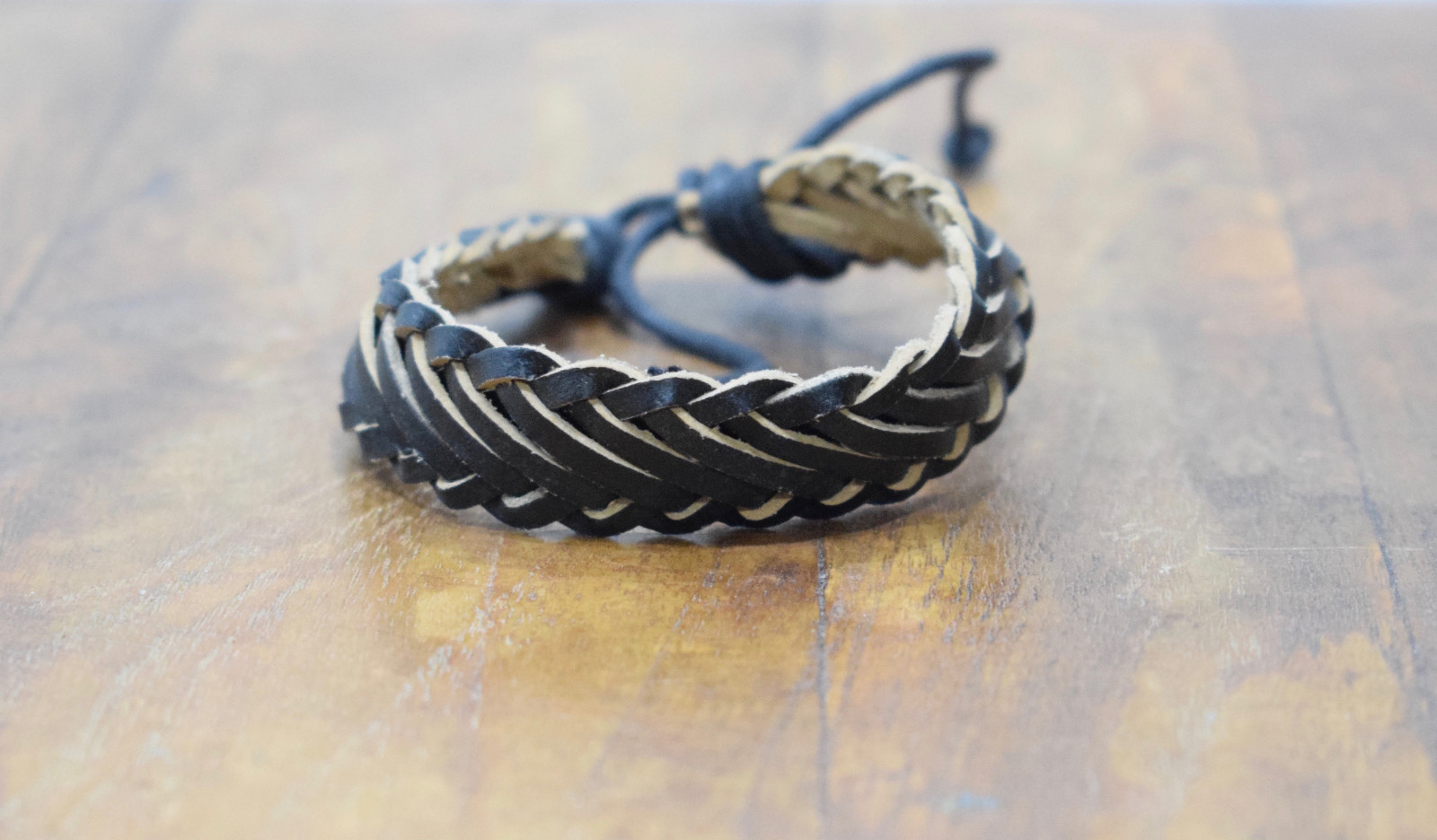 Bracelet Leather Black Flat Woven Tie Bracelet