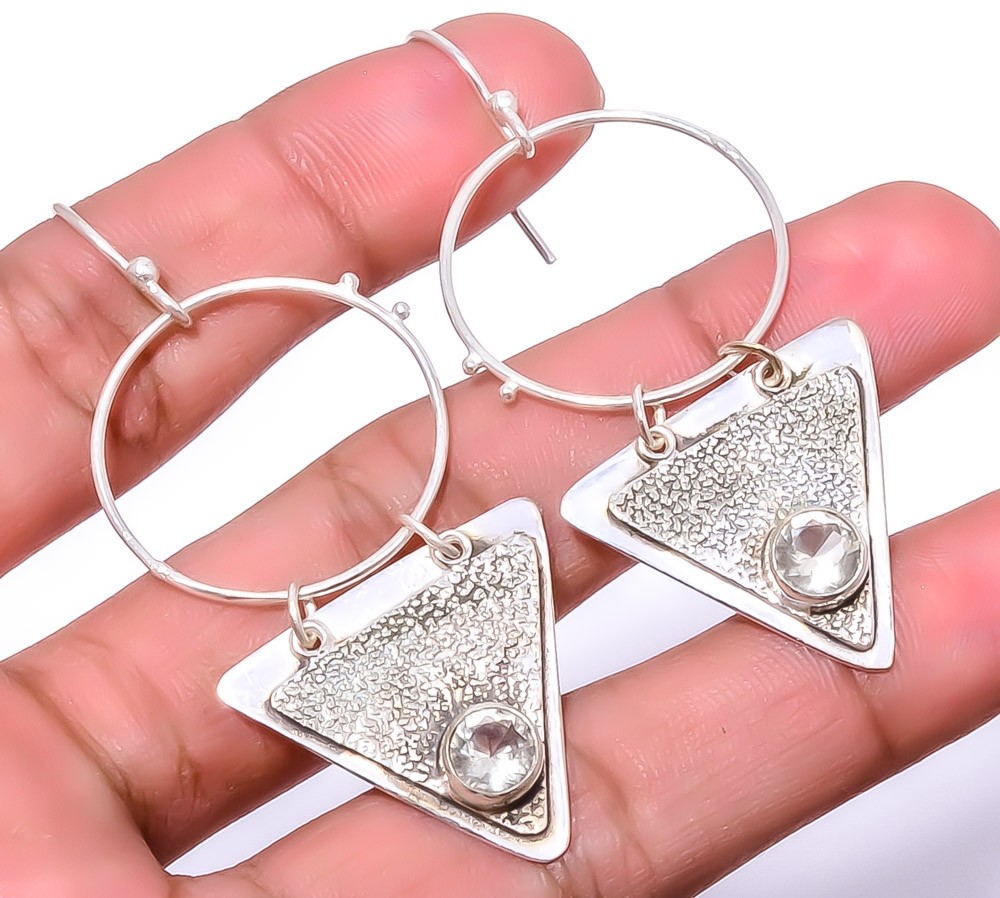 White Topaz Sand Paper Textured 925 Silver Handmade Earring 2.42″ E7323-51