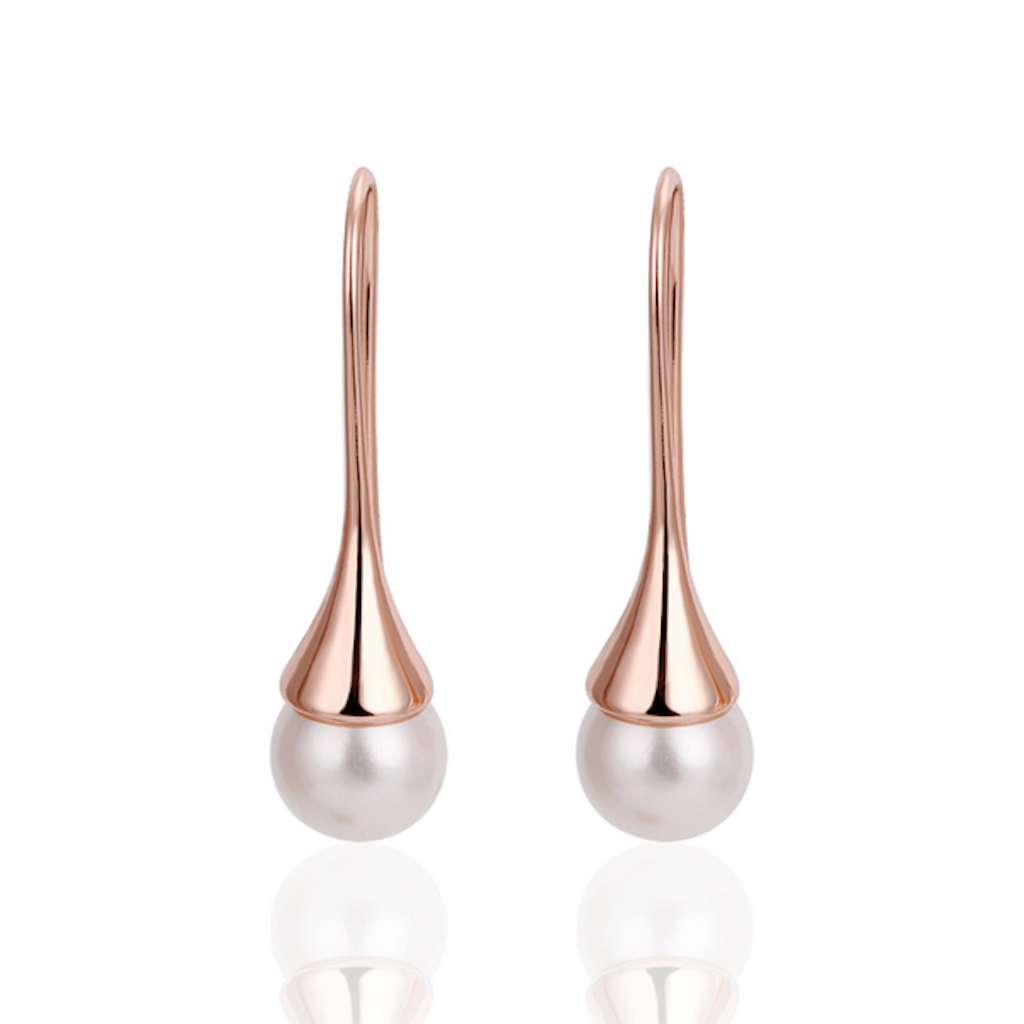 18K Rose Gold Fish Hook Drop Dangle Pearl Earrings L131