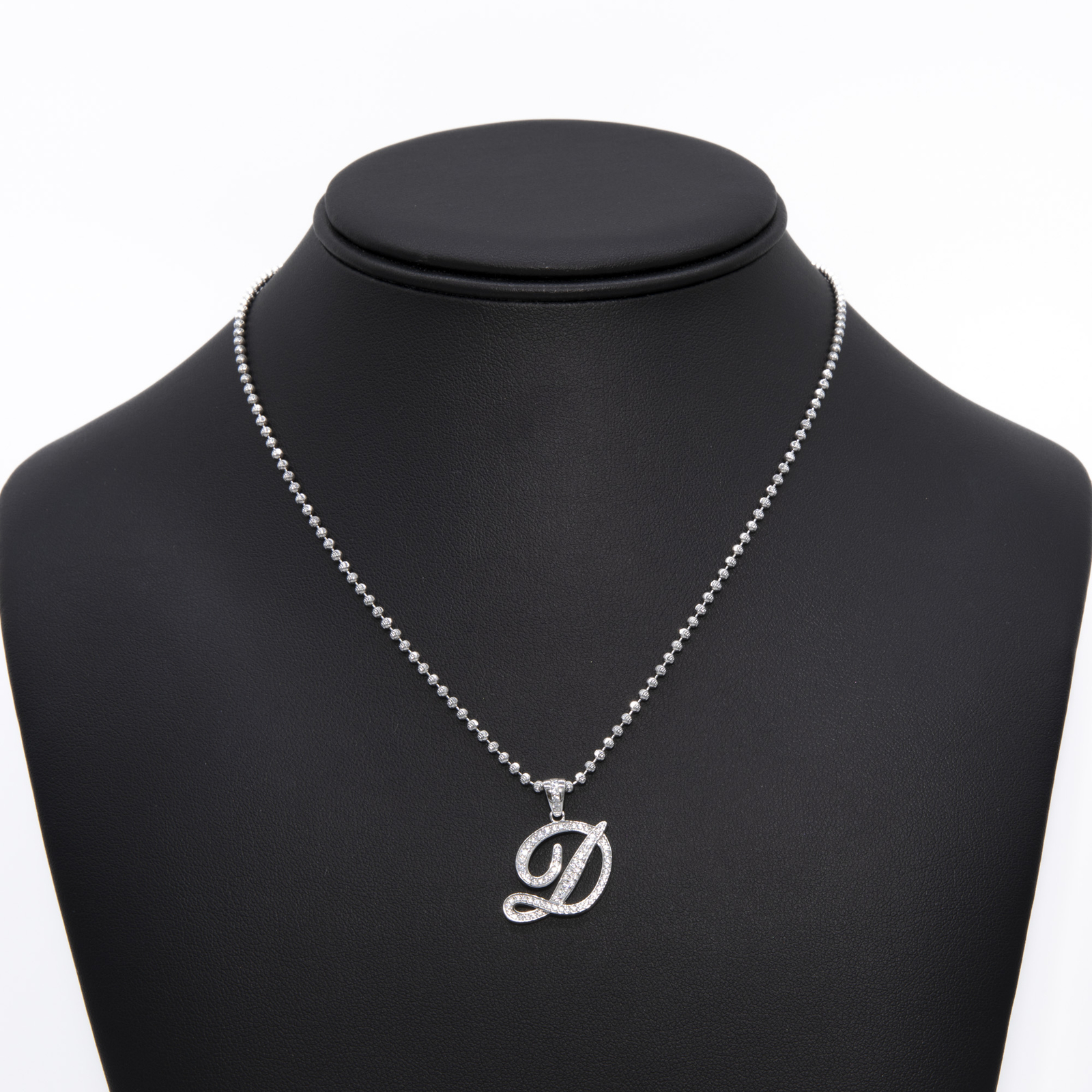 1″ CZ Cursive Initial Moon-Cut Bead Ball Chain Necklace Sterling Silver 925