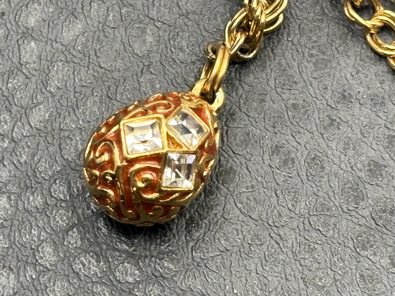 VTG Gold Tone Enamel Egg Charm Bracelet Clear Crystal Accents Double Link Chain