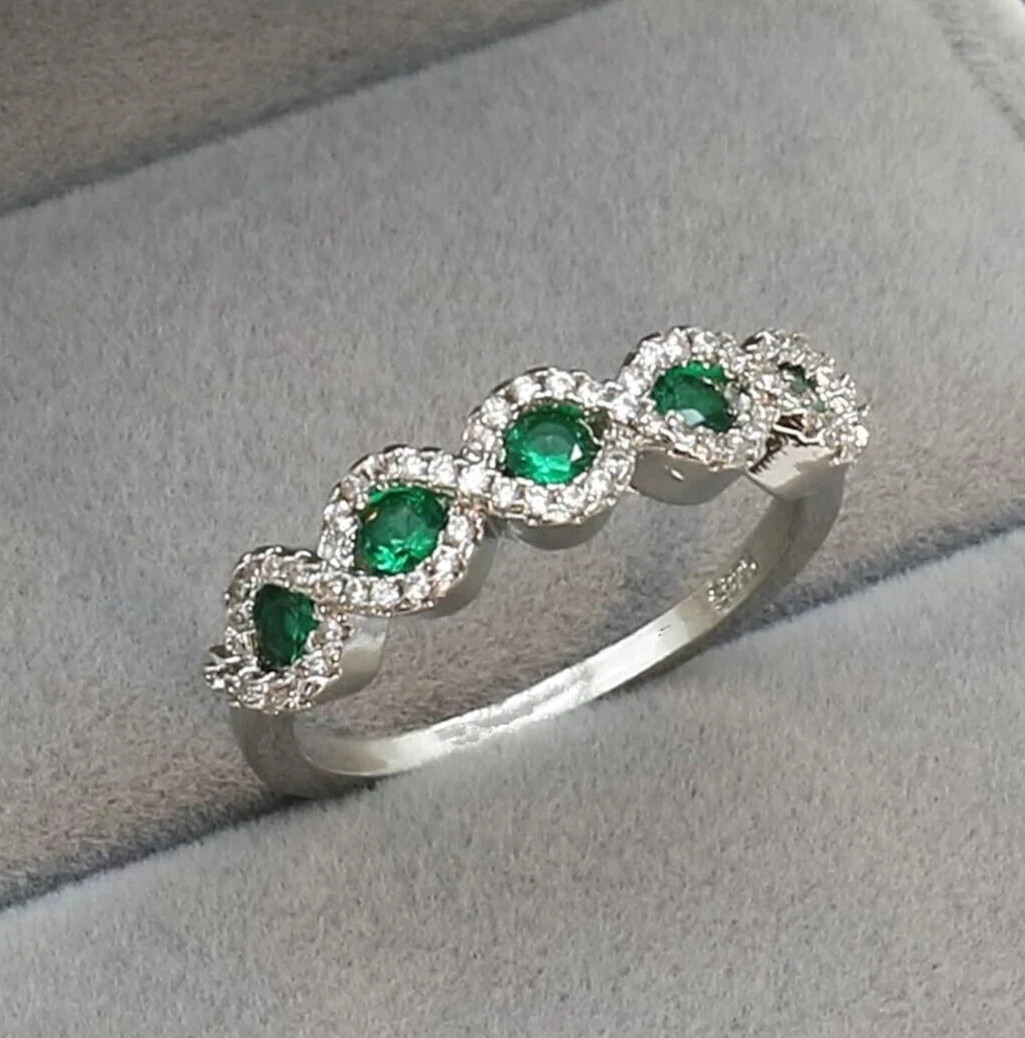 Women’s Simulated Emerald & CZ Wave Ring Silver Plated Wedding Stacking Band