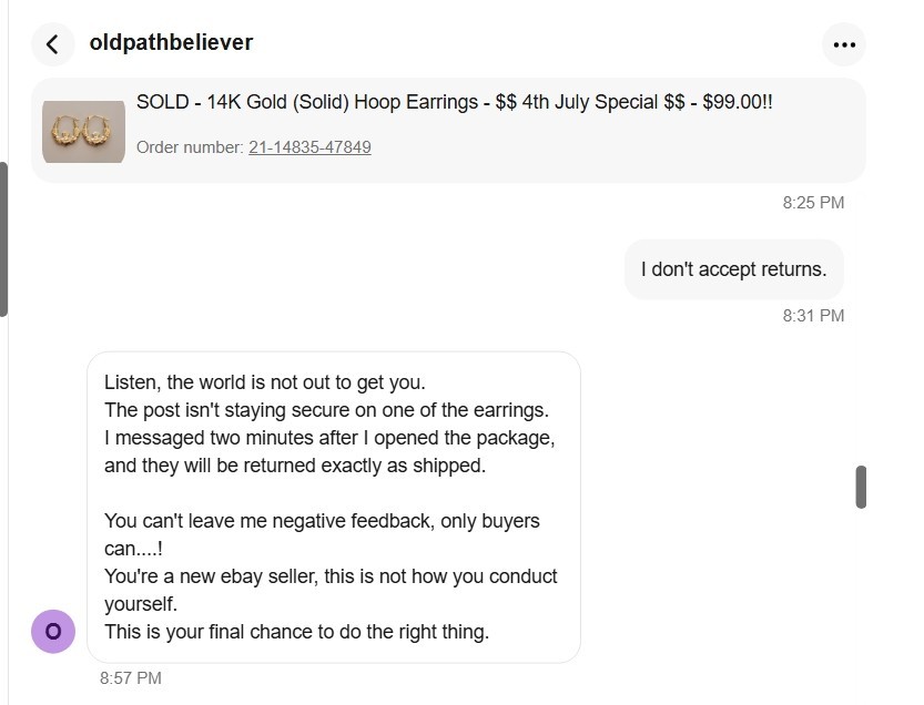 A personal write up about an eBay Purchase SCAMMER (User Name – oldpathbeliever)