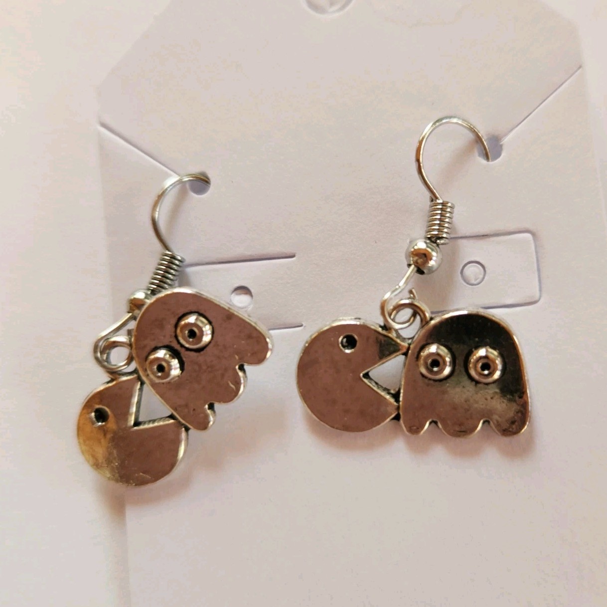 Pac-Man and Ghost Silver Tone Metal Dangle Earrings Cartoon Theme