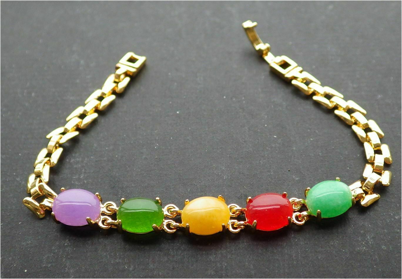 Gold Plate Lavender Red Green Yellow JADE Cabochon Beads Bangle Bracelet 101006