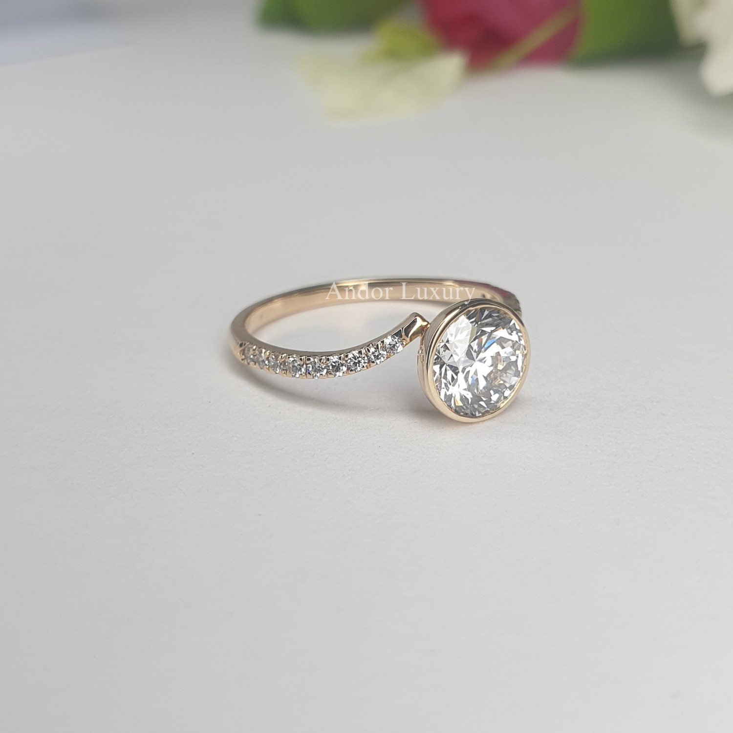 1.24 ct Lab Grown Round Diamond Side Stone Ring in 14K Yellow Gold For Women