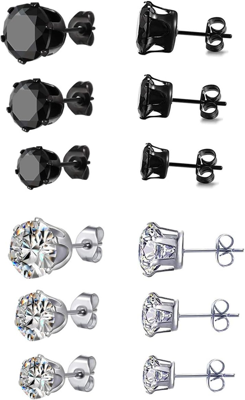 6 Pair Titanium and Stainless Steel Mens Womens Stud Earrings Set Black and Clea