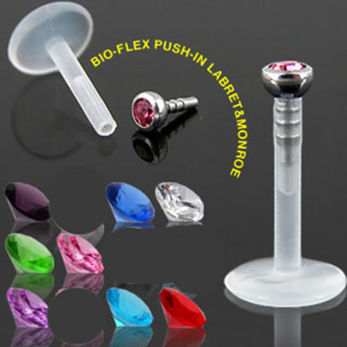 1 – 16g 5/16″ 2.5mm PTFE Flex Push-in Labret Gem CZ Labret Lip Chin 8 Colors L11