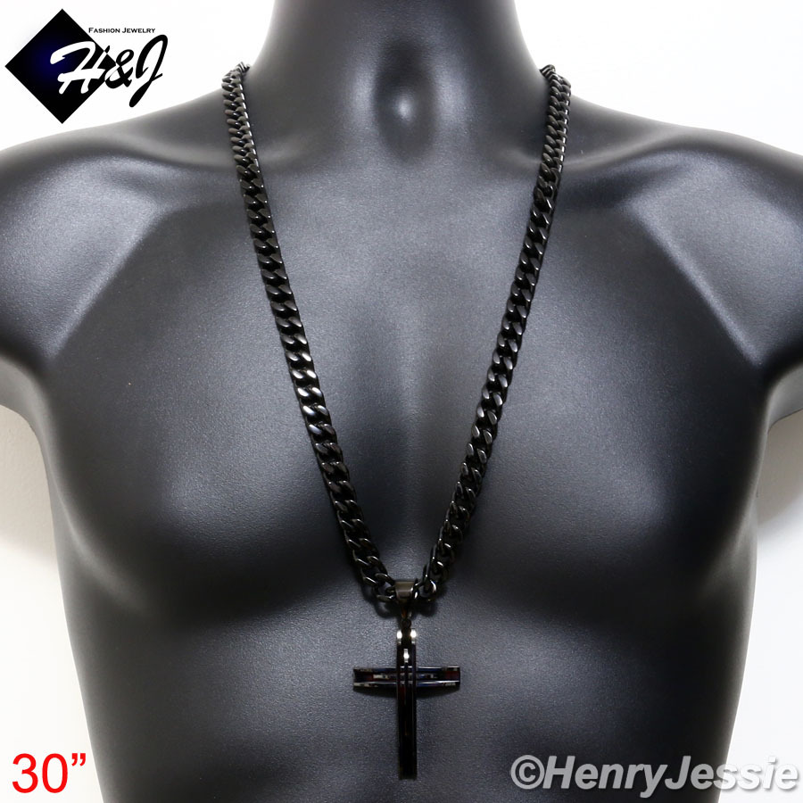 18-40″MEN Stainless Steel 9mm Black Plated Cuban Curb Necklace Cross Pendant*A