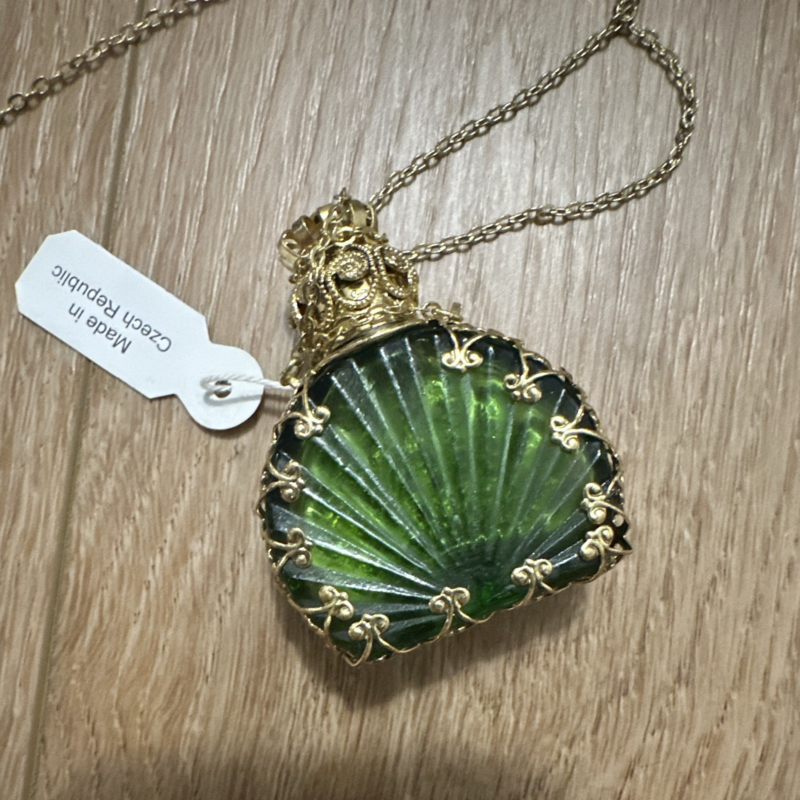 Vintage Czech perfume bottle pendant cable Gold Tone Filigree Green Glass