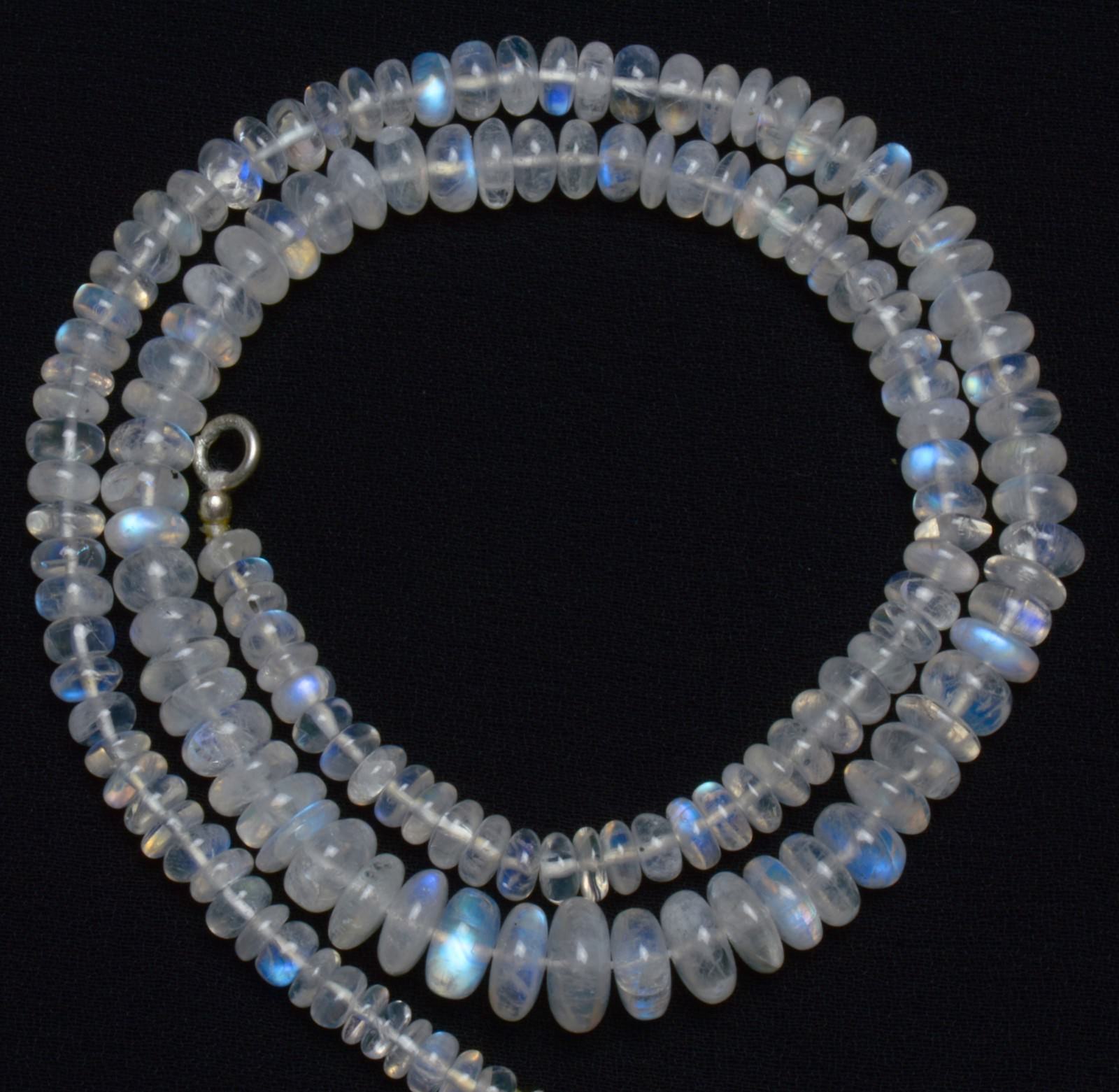 NATURAL GEM BLUE FIRE RAINBOW MOONSTONE SMOOTH 5-10MM RONDELLE BEADS 18″NECKLACE