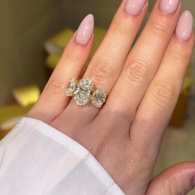 Oval Moissanite Three Stone 14K Gold Trilogy Engagement Ring Gift For Her
