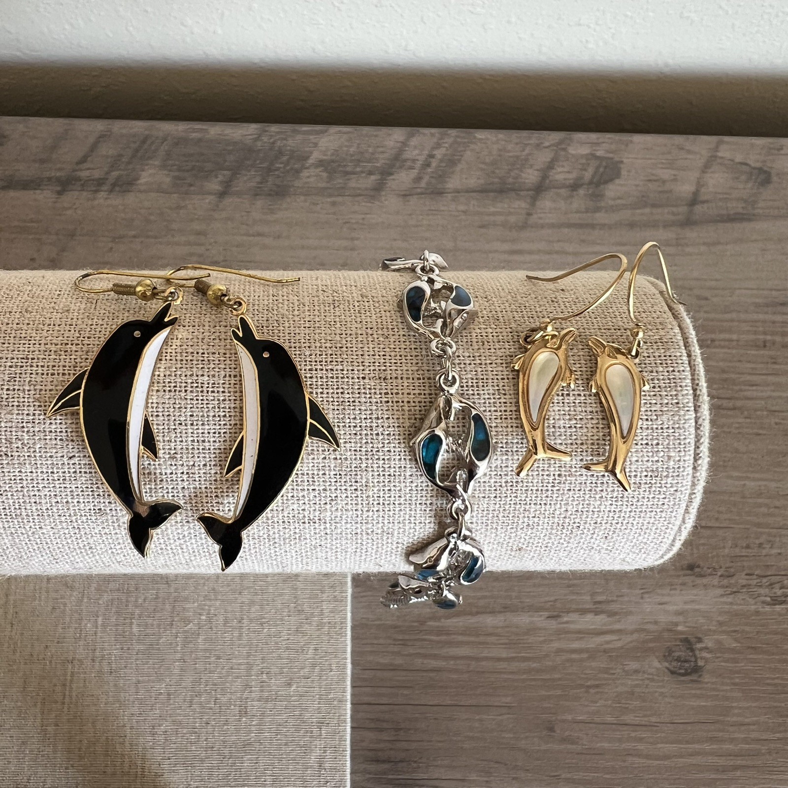 Dolphin Jewelry Lot of 3 Abalone Gold Silver Tone Bracelet Earrings Dangle